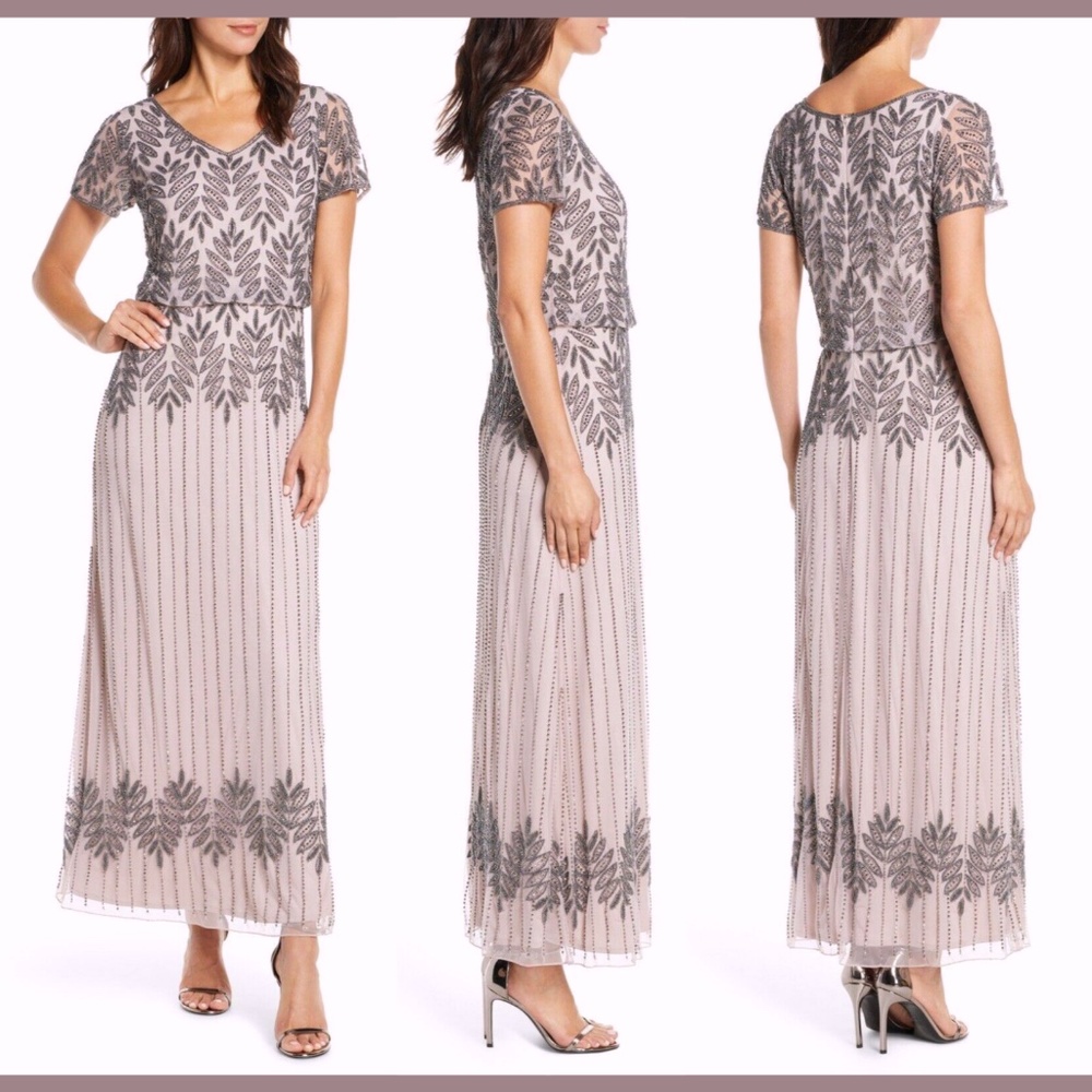 NEW Pisarro Nights V-Neck Beaded Leaf Blouson Gown in Light Lilac [SZ 10 ]‎